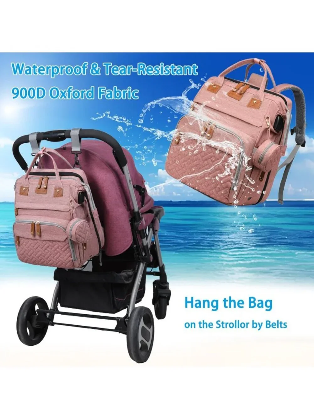 Waterproof Baby Diaper Bag Backpack with Changing Station & USB Port - Pink